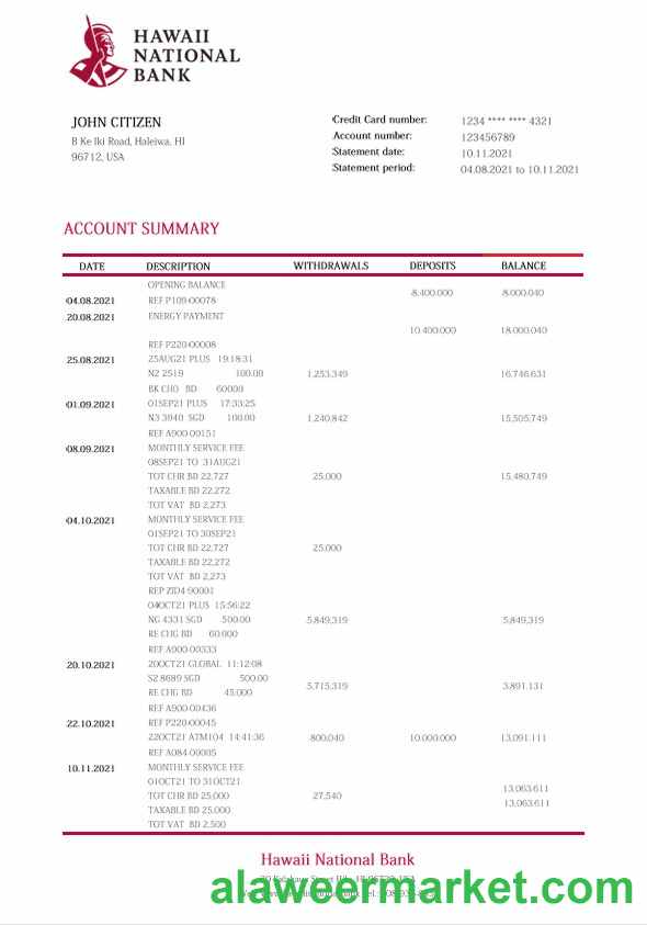 Hawaii Hawaii National Bank statement Word and PDF template